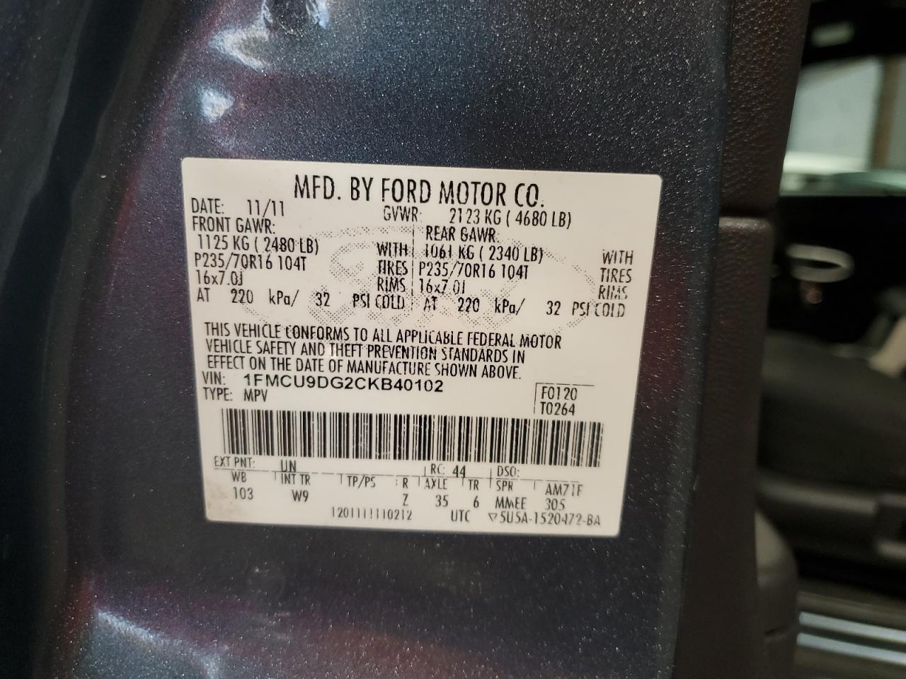 2012 Ford Escape VIN: 1FMCU9DG2CKB40102 Lot: 85653215