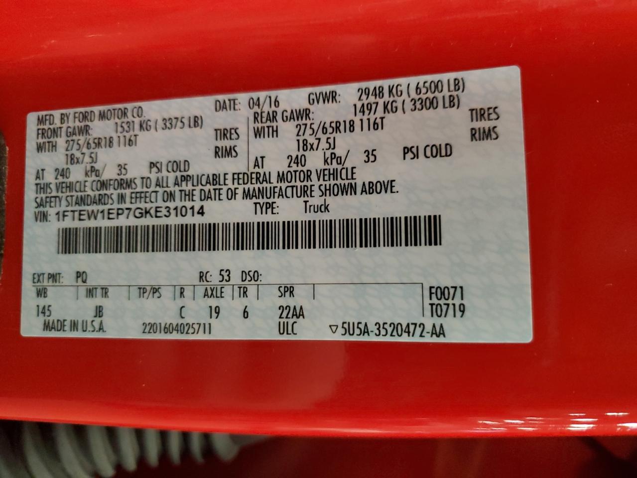 2016 Ford F150 Supercrew VIN: 1FTEW1EP7GKE31014 Lot: 85592155