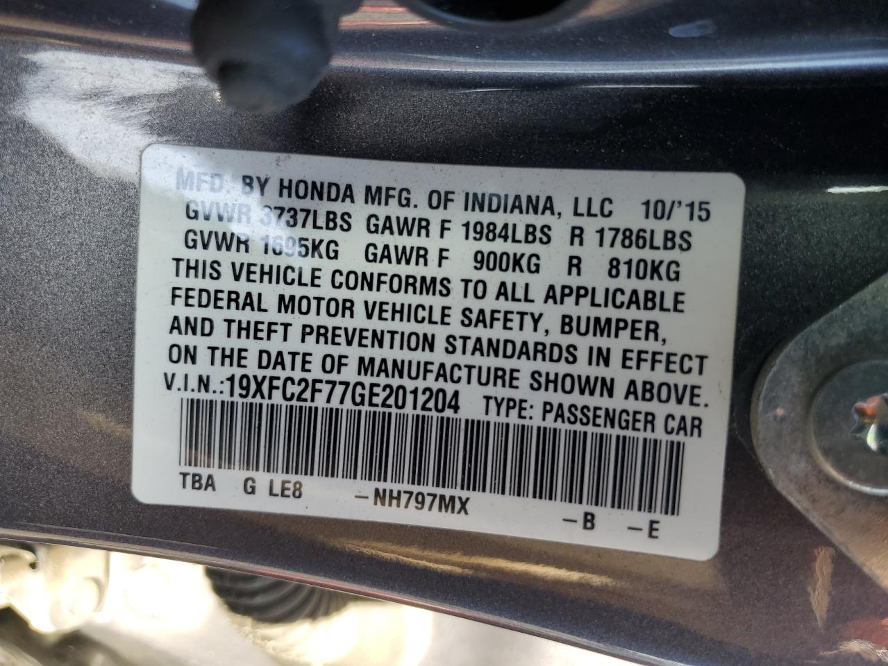 2016 Honda Civic Ex VIN: 19XFC2F77GE201204 Lot: 82284245
