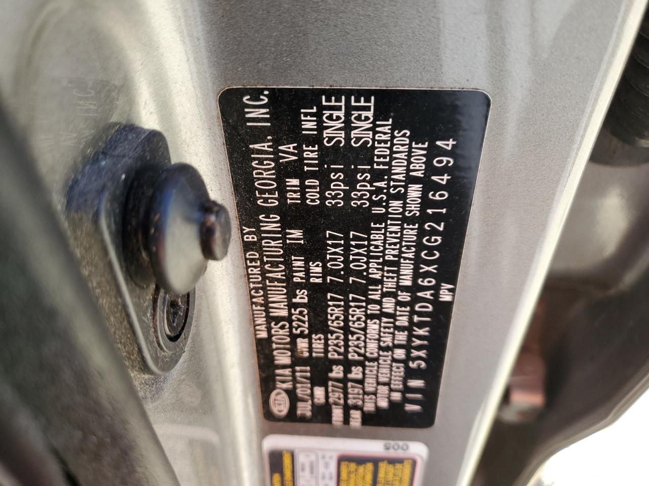 2012 Kia Sorento Base VIN: 5XYKTDA6XCG216494 Lot: 85847265
