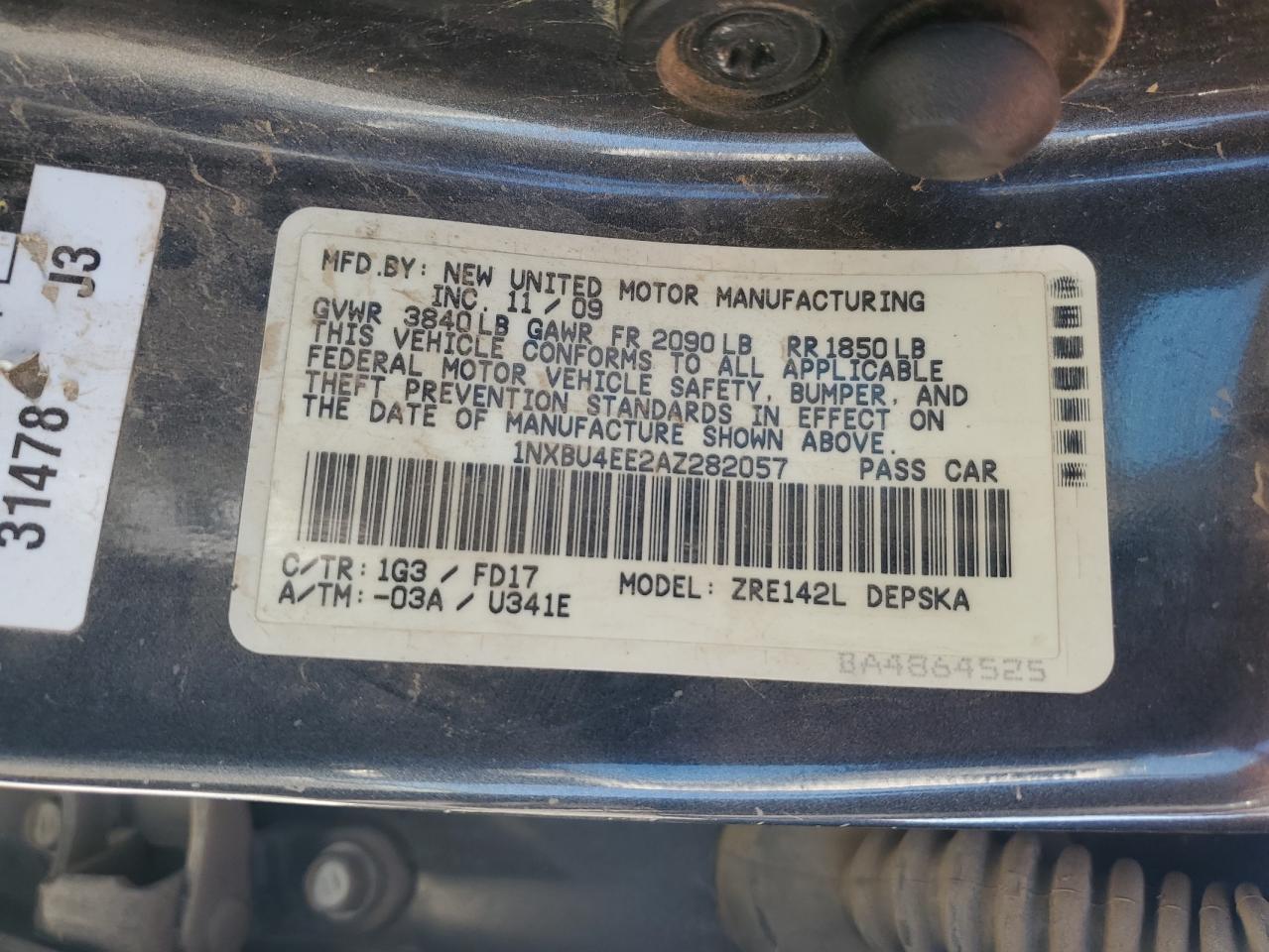 2010 Toyota Corolla Base VIN: 1NXBU4EE2AZ282057 Lot: 87062855