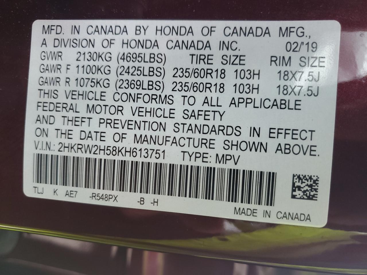 2019 Honda Cr-V Ex VIN: 2HKRW2H58KH613751 Lot: 85746545