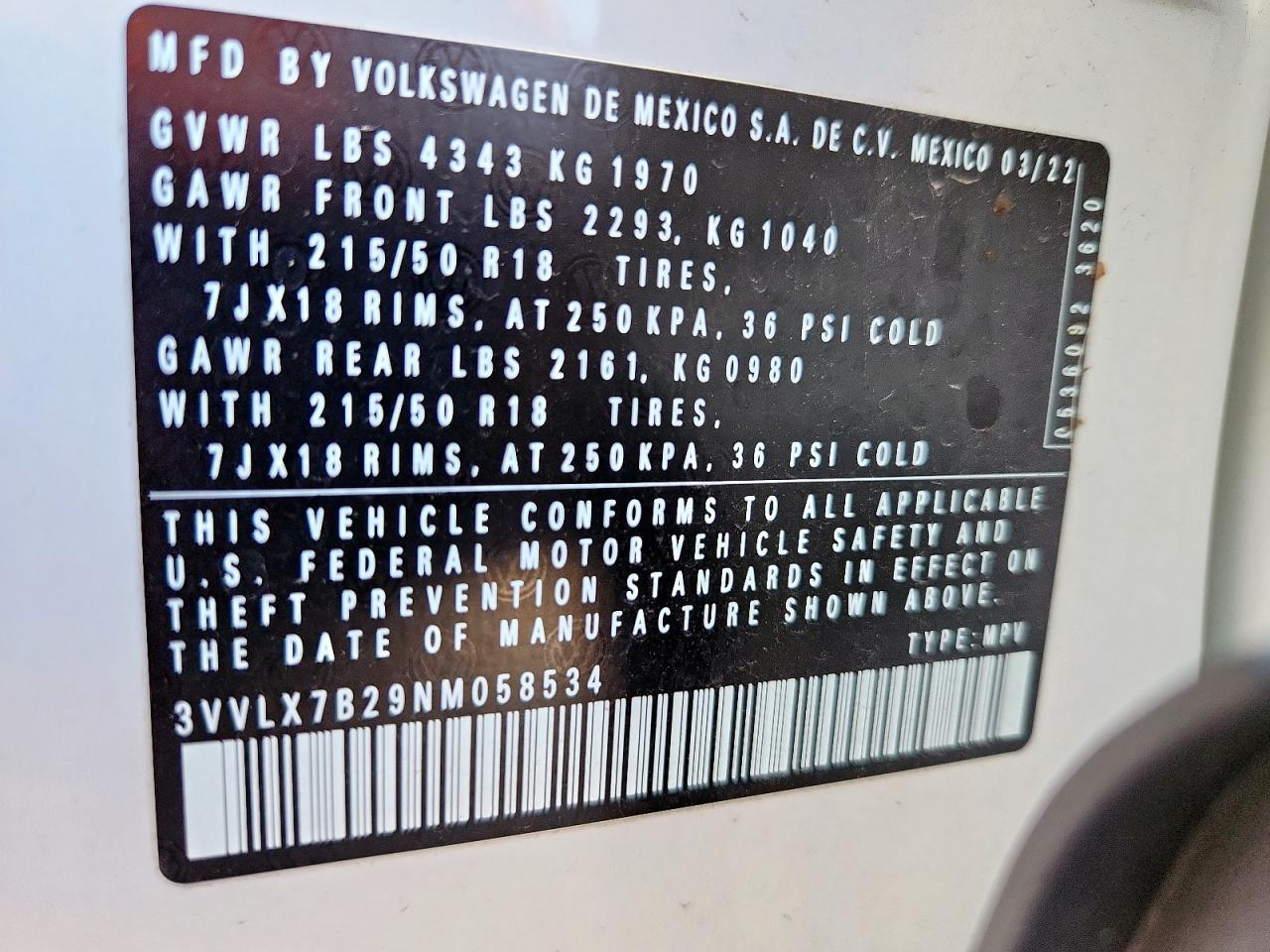 2022 Volkswagen Taos Se Iq Drive VIN: 3VVLX7B29NM058534 Lot: 90325295