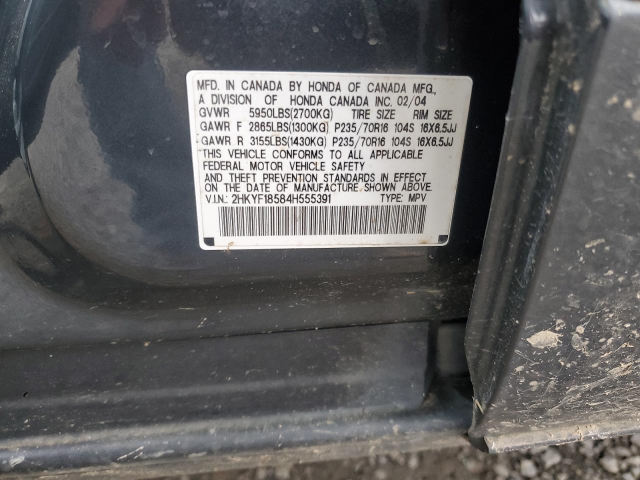 2004 Honda Pilot Exl VIN: 2HKYF18584H555391 Lot: 85415485