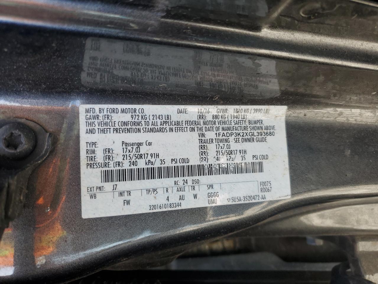 2016 Ford Focus Se VIN: 1FADP3K2XGL393680 Lot: 96474125