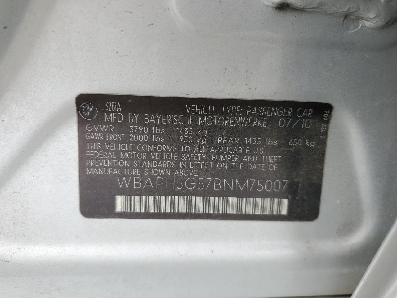 2011 BMW 328 I Sulev VIN: WBAPH5G57BNM75007 Lot: 84717495