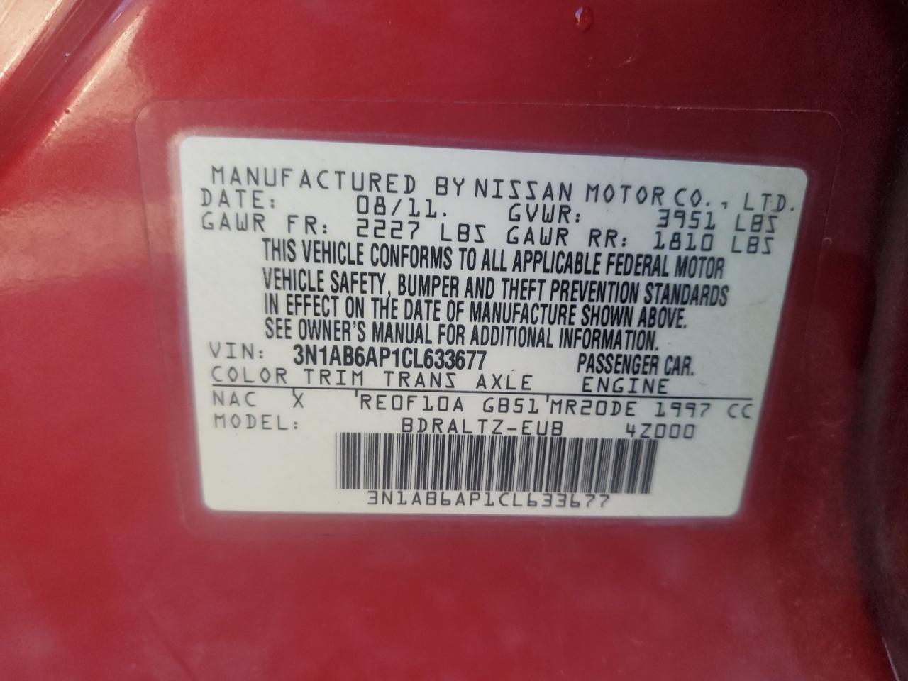 2012 Nissan Sentra 2.0 VIN: 3N1AB6AP1CL633677 Lot: 85859435