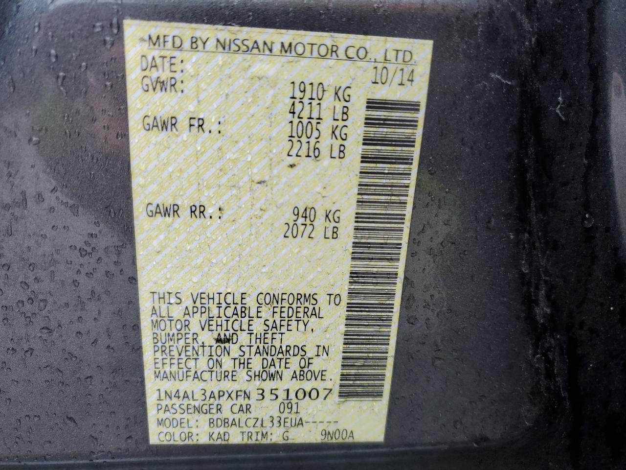 2015 Nissan Altima 2.5 VIN: 1N4AL3APXFN351007 Lot: 86497985