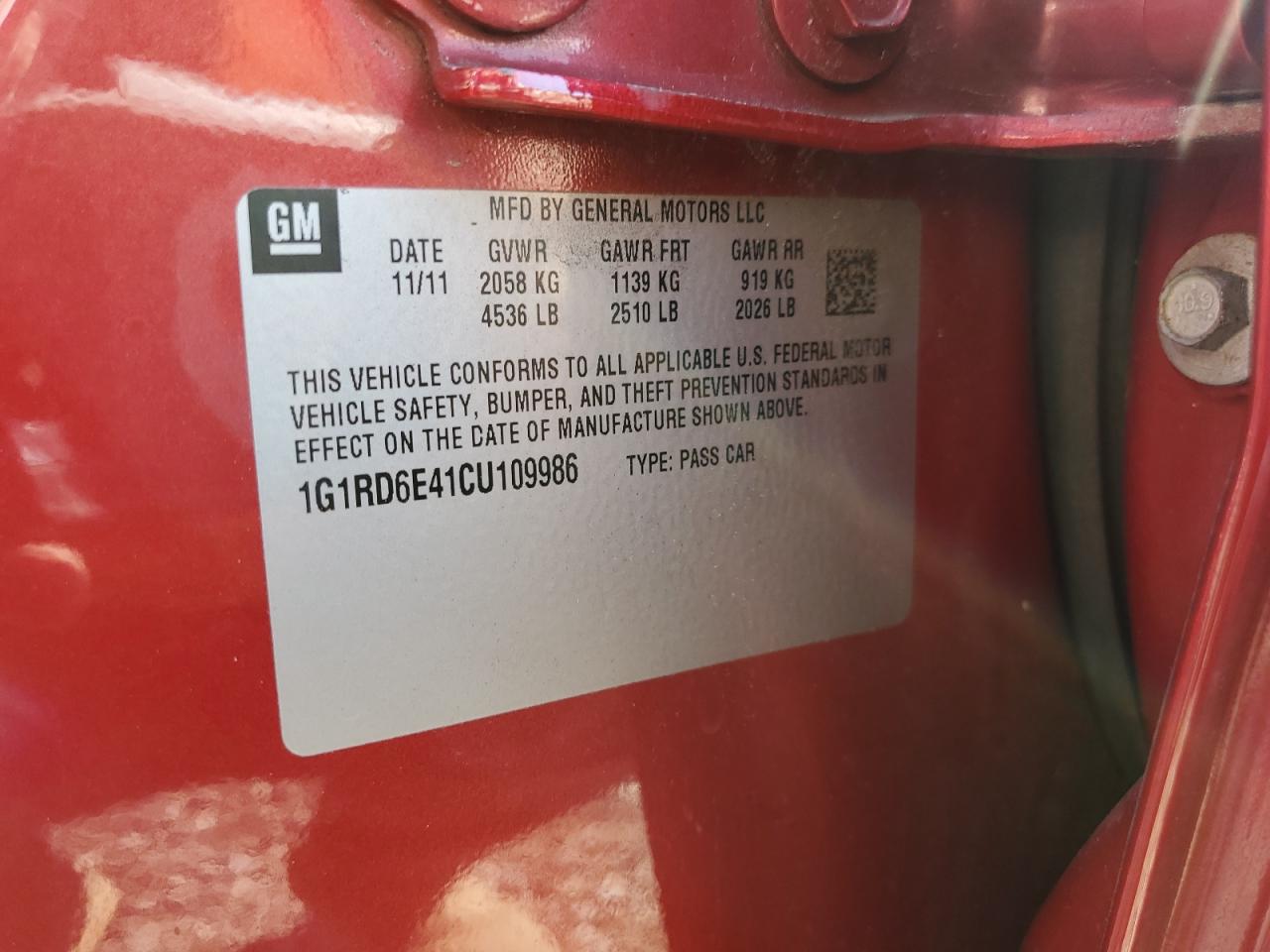 2012 Chevrolet Volt VIN: 1G1RD6E41CU109986 Lot: 89868555