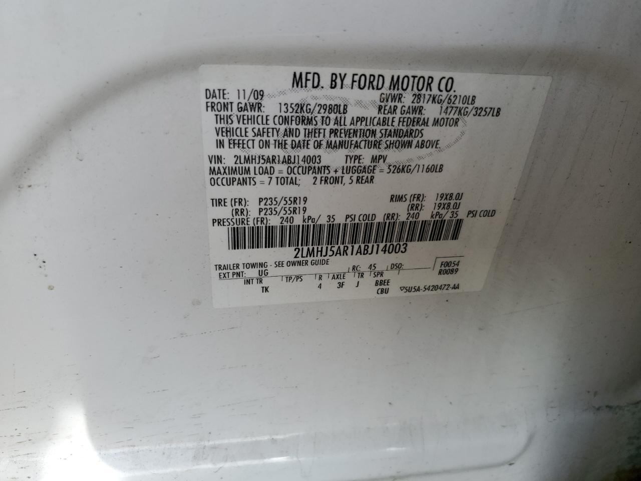 2010 Lincoln Mkt VIN: 2LMHJ5AR1ABJ14003 Lot: 86773465