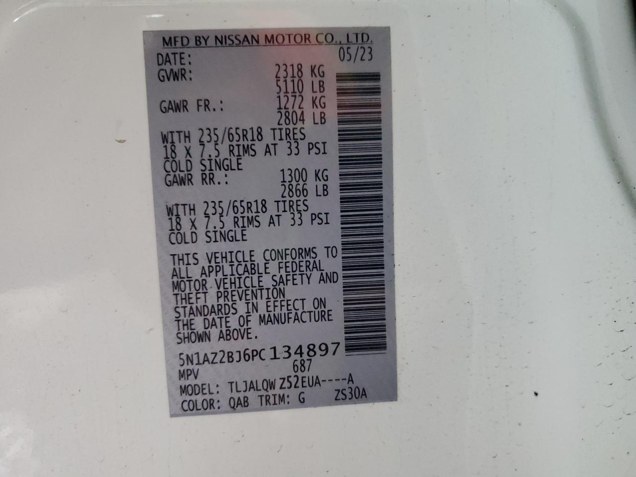 2023 Nissan Murano Sv VIN: 5N1AZ2BJ6PC134897 Lot: 82464385