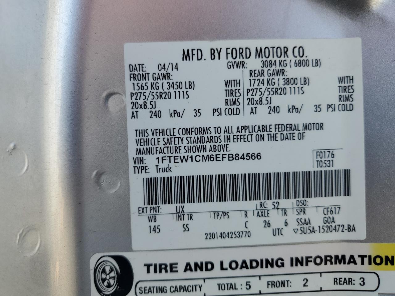 2014 Ford F150 Supercrew VIN: 1FTEW1CM6EFB84566 Lot: 87384575