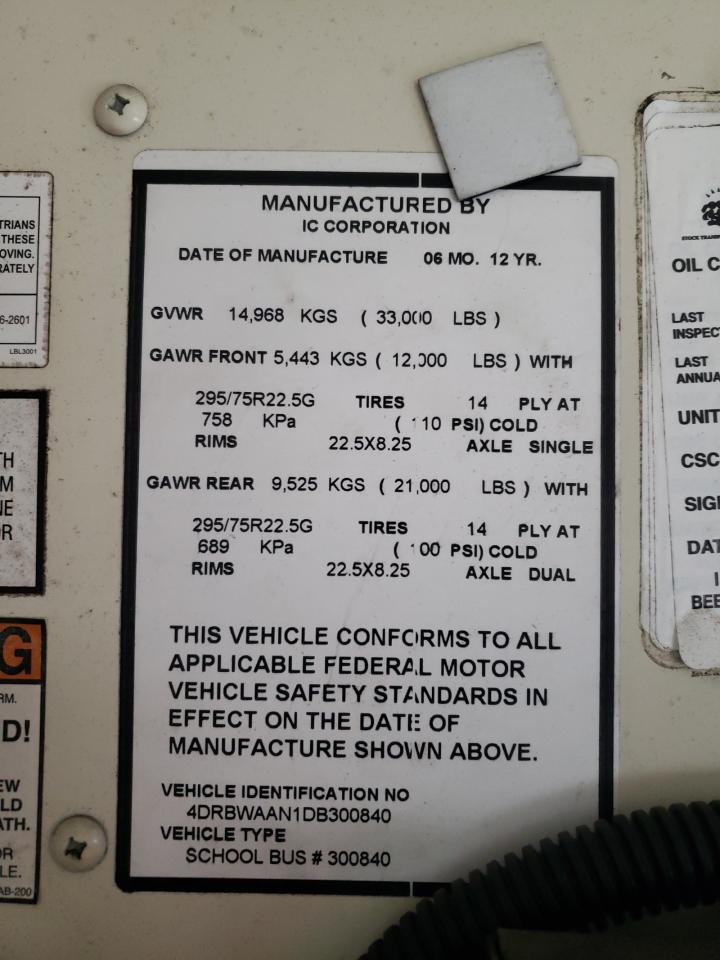 2013 Ic Corporation Re Series School - School Bus VIN: 4DRBWAAN1DB300840 Lot: 85951235