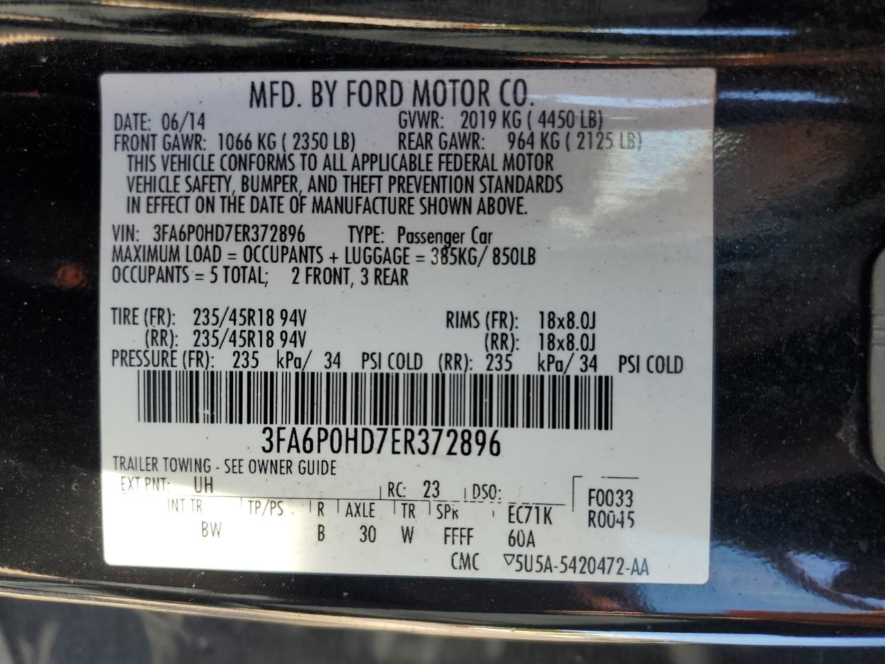 2014 Ford Fusion Se VIN: 3FA6P0HD7ER372896 Lot: 89879435