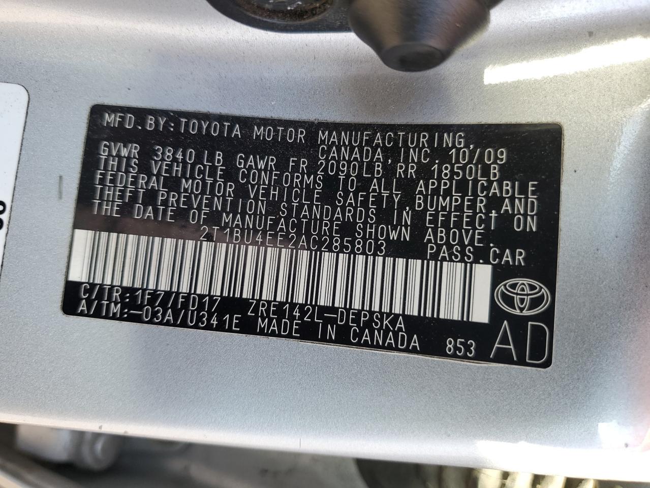 2010 Toyota Corolla Base VIN: 2T1BU4EE2AC285803 Lot: 81974355