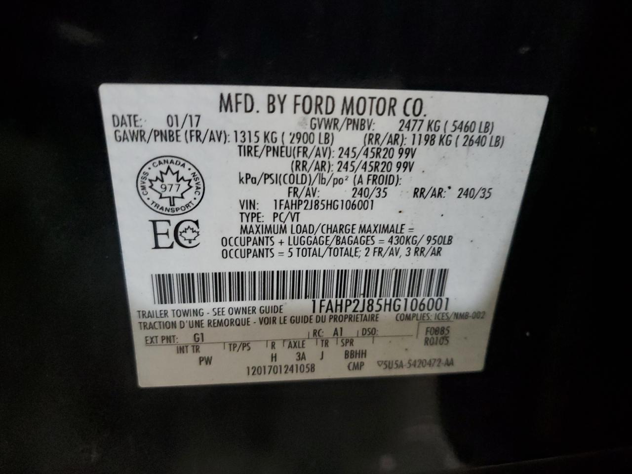 2017 Ford Taurus Limited VIN: 1FAHP2J85HG106001 Lot: 90305125