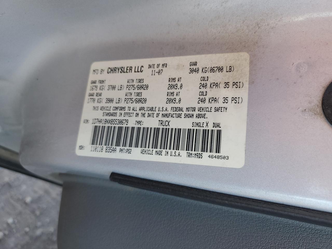 2008 Dodge Ram 1500 St VIN: 1D7HA18NX8S530679 Lot: 85336795