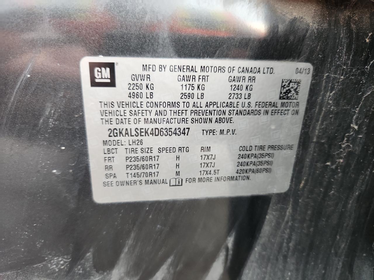 2013 GMC Terrain Sle VIN: 2GKALSEK4D6354347 Lot: 86522225