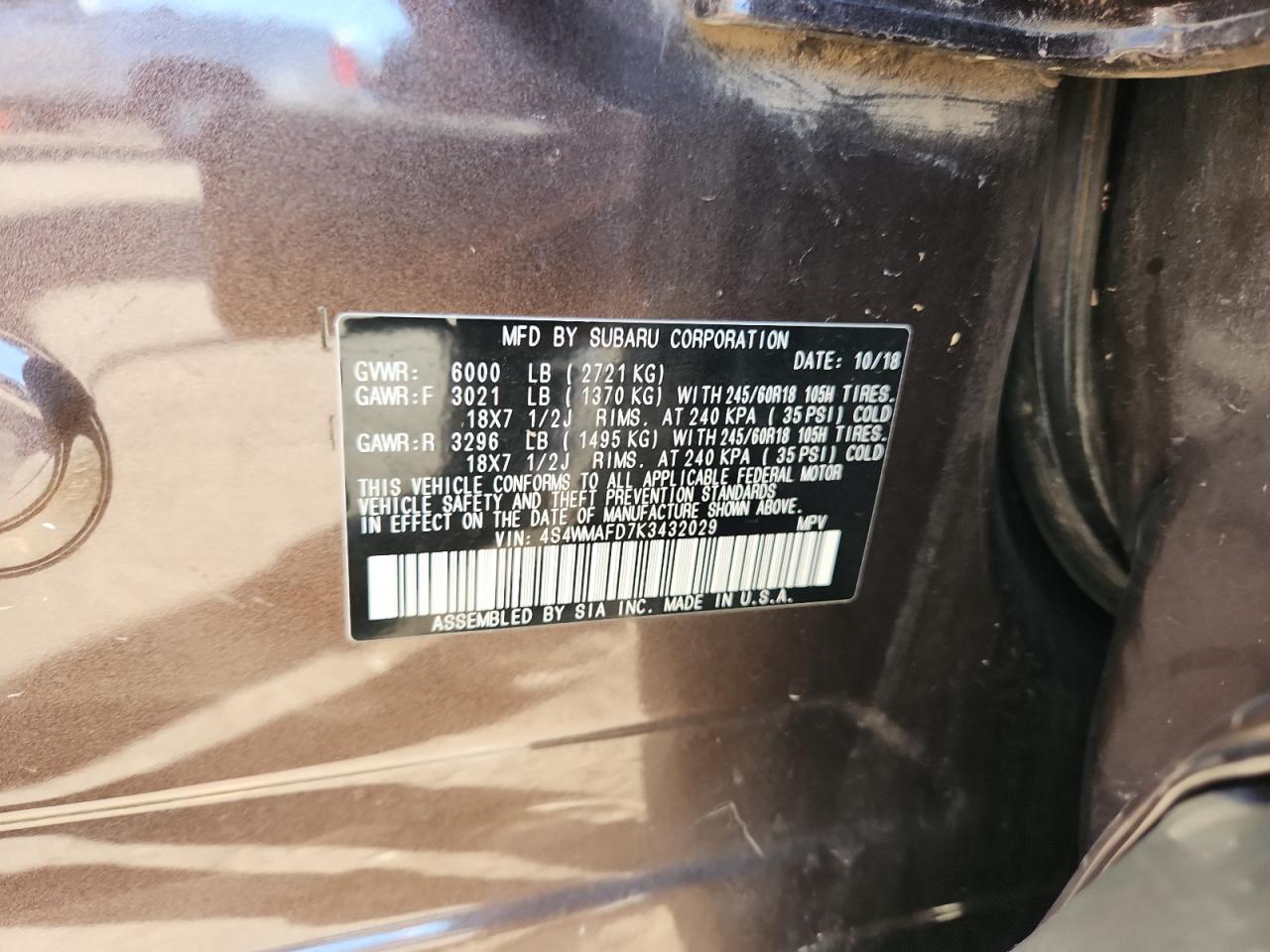 2019 Subaru Ascent Premium VIN: 4S4WMAFD7K3432029 Lot: 87179105