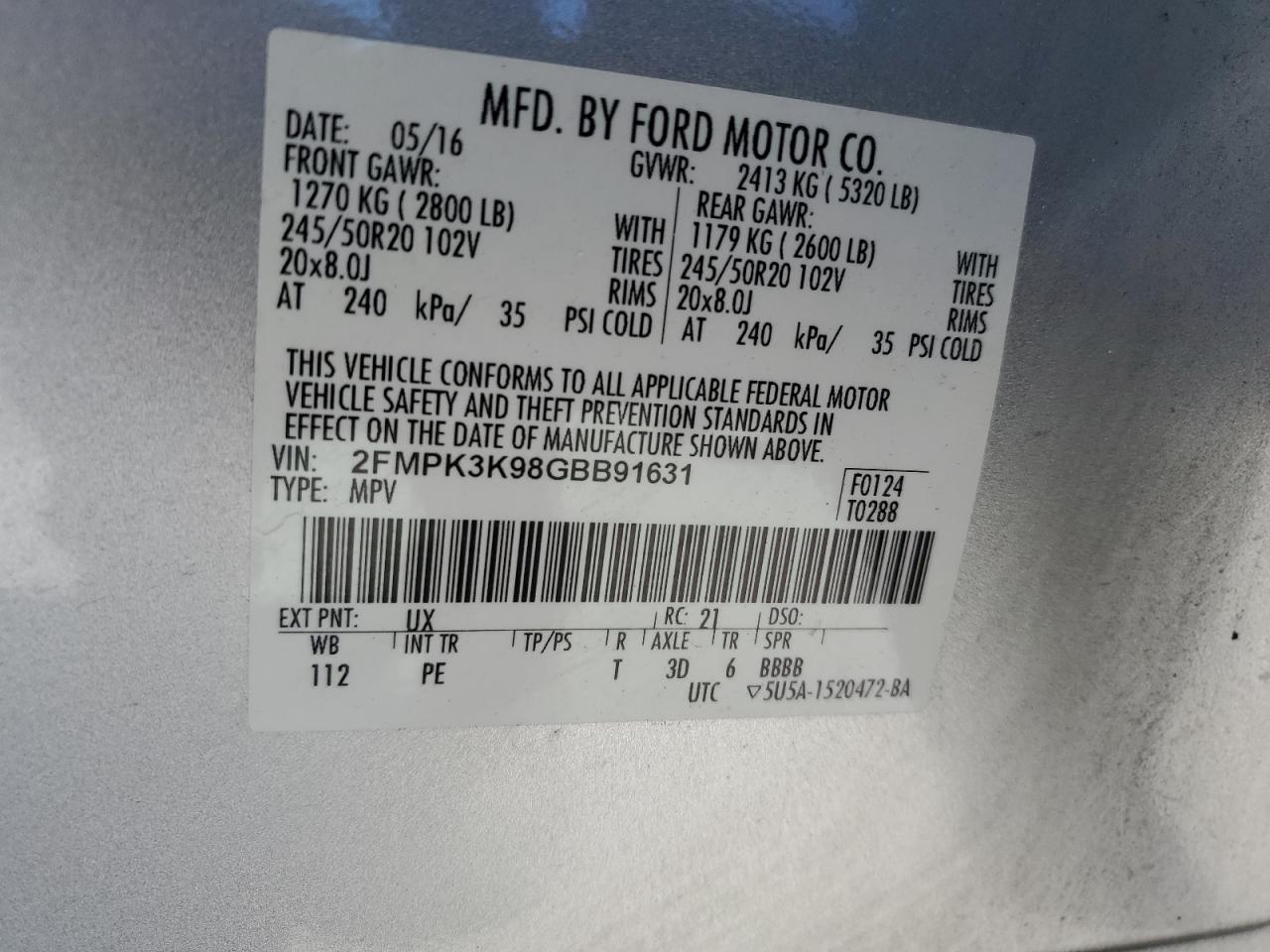 2016 Ford Edge Titanium VIN: 2FMPK3K98GBB91631 Lot: 87303005