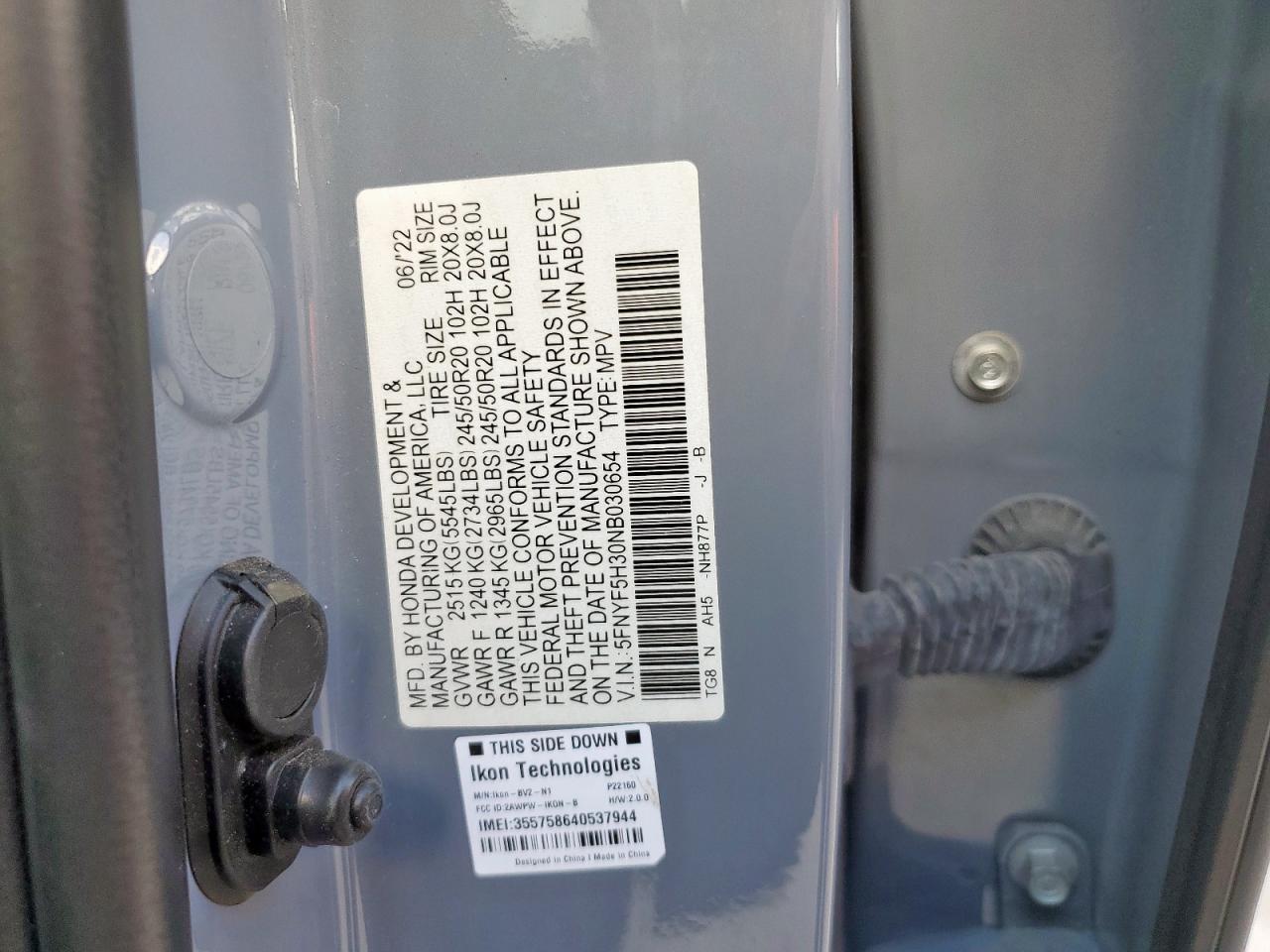 2022 Honda Pilot Sport VIN: 5FNYF5H30NB030654 Lot: 85584415