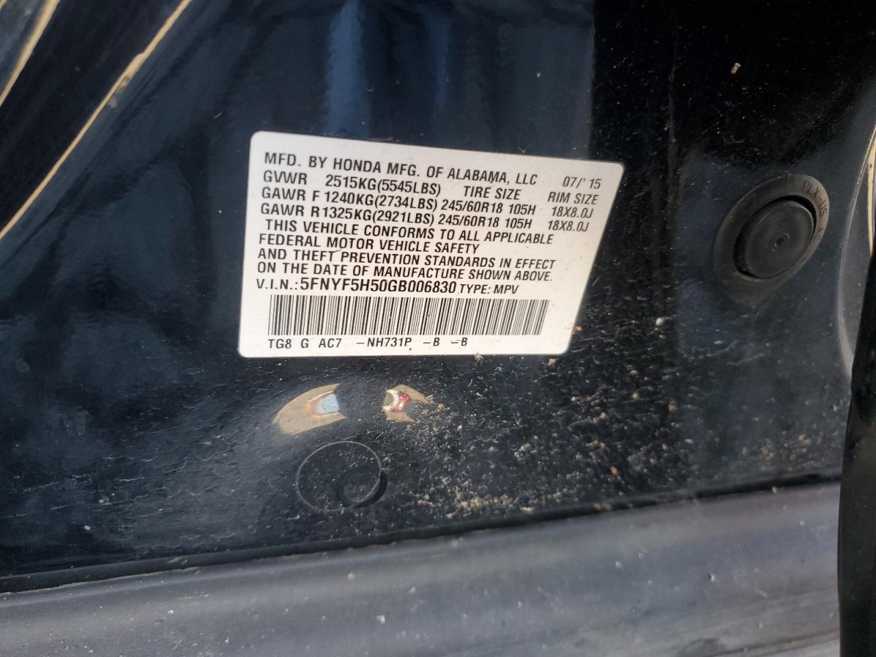 2016 Honda Pilot Exl VIN: 5FNYF5H50GB006830 Lot: 89515635