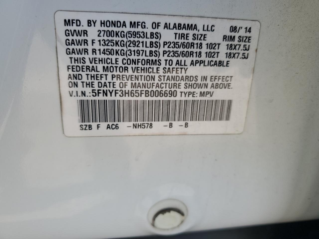 2015 Honda Pilot Exl VIN: 5FNYF3H65FB006690 Lot: 85117995