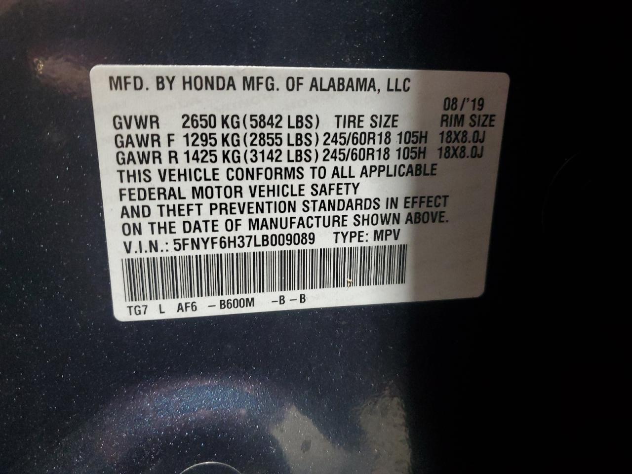 2020 Honda Pilot Ex VIN: 5FNYF6H37LB009089 Lot: 86777915
