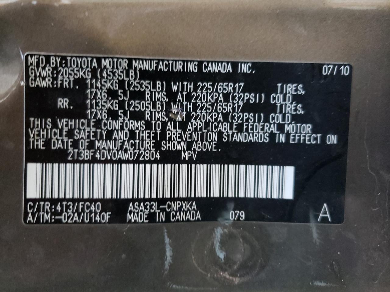 2010 Toyota Rav4 VIN: 2T3BF4DV0AW072804 Lot: 90088655