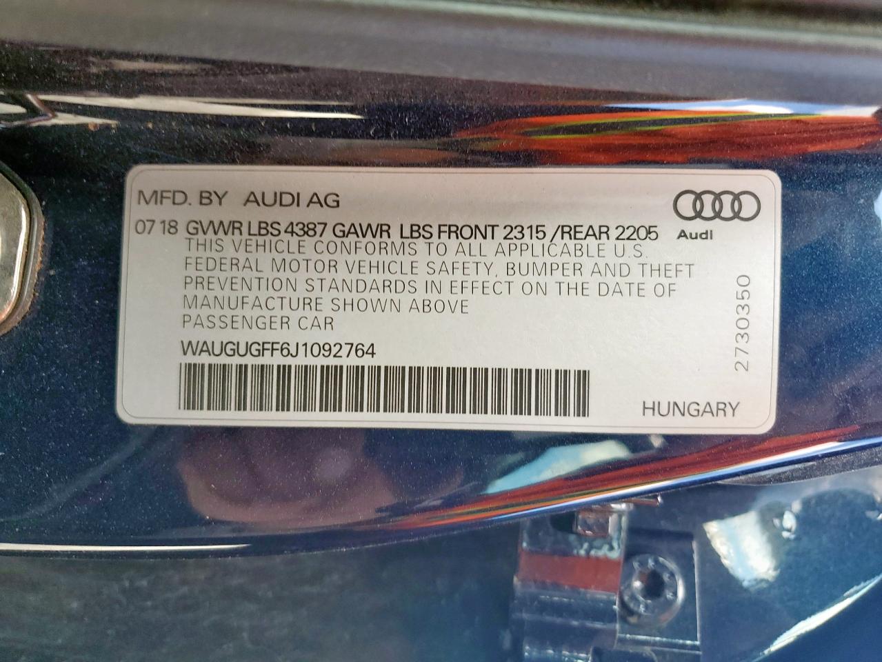 2018 Audi A3 Premium Plus VIN: WAUGUGFF6J1092764 Lot: 85376415