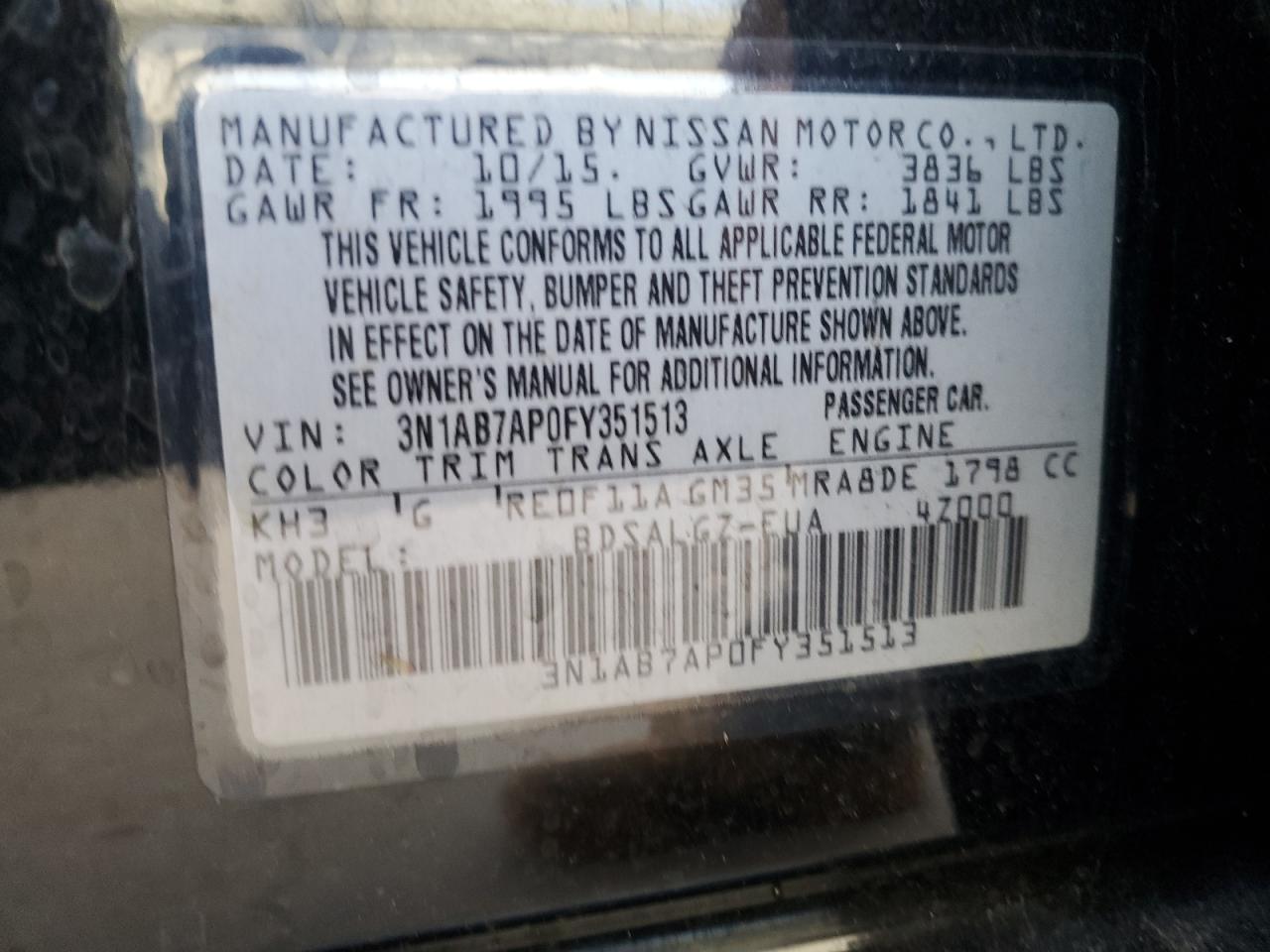 2015 Nissan Sentra S VIN: 3N1AB7AP0FY351513 Lot: 85541315