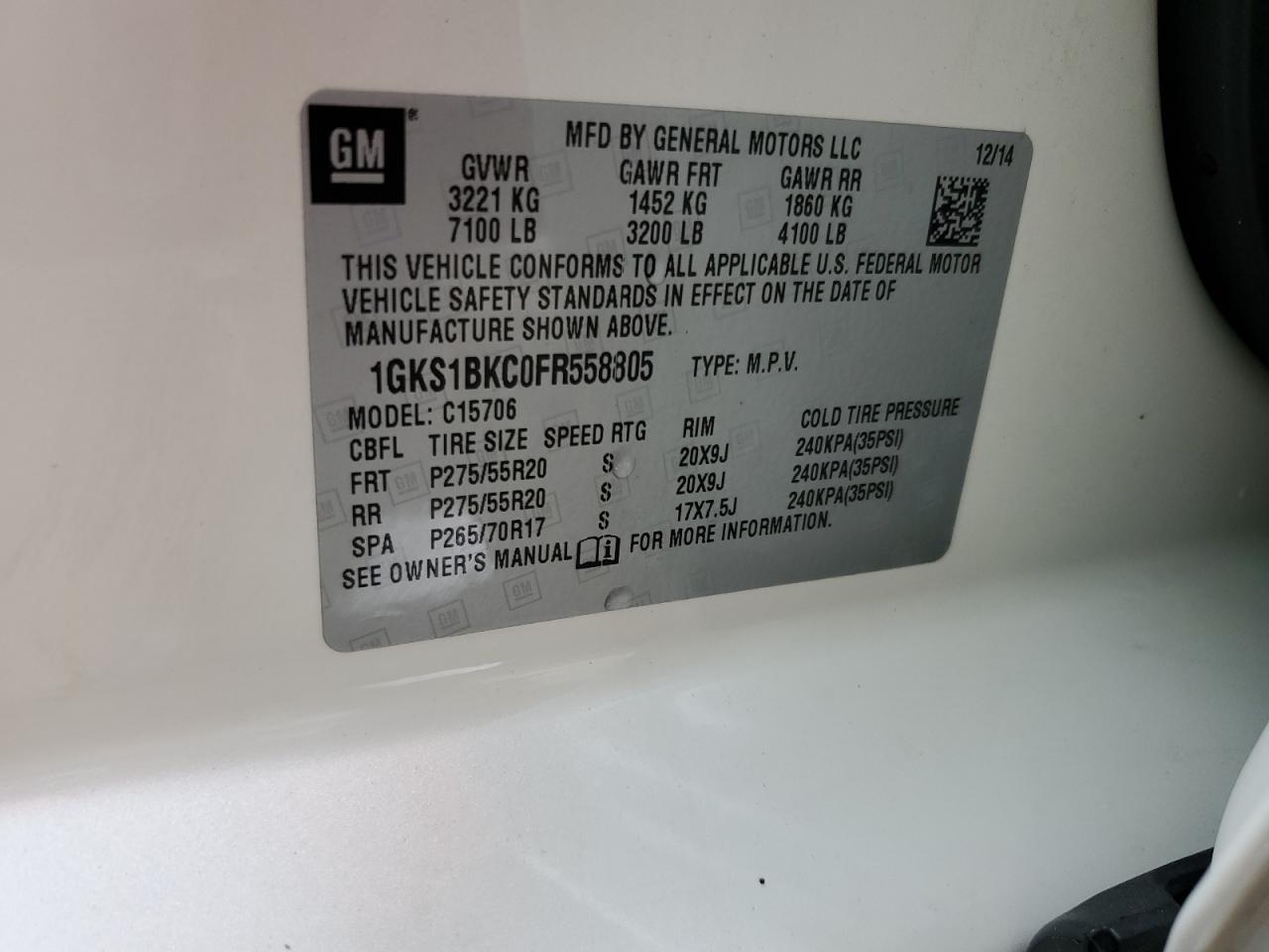 2015 GMC Yukon Slt VIN: 1GKS1BKC0FR558805 Lot: 81975875