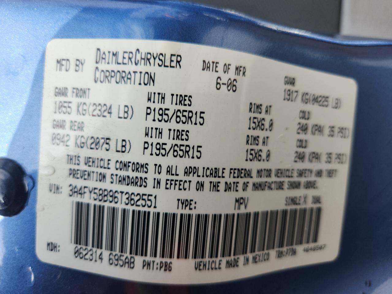 2006 Chrysler Pt Cruiser Touring VIN: 3A4FY58B96T362551 Lot: 85928445