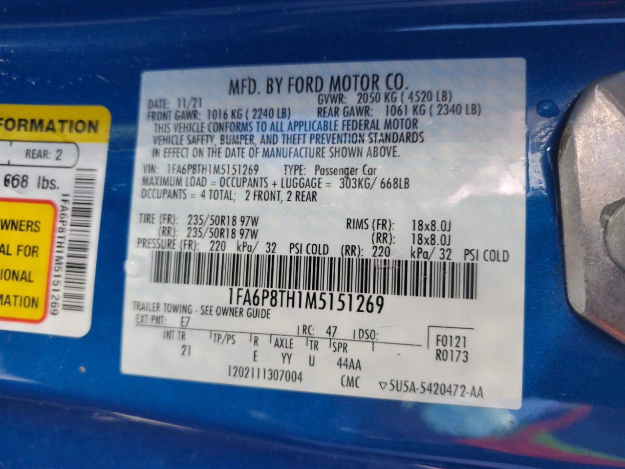 2021 Ford Mustang VIN: 1FA6P8TH1M5151269 Lot: 85819785