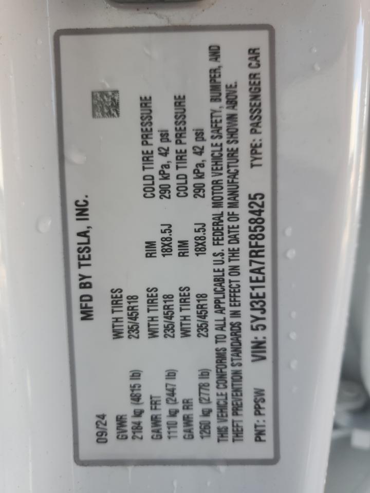 2024 Tesla Model 3 VIN: 5YJ3E1EA7RF858425 Lot: 89840835