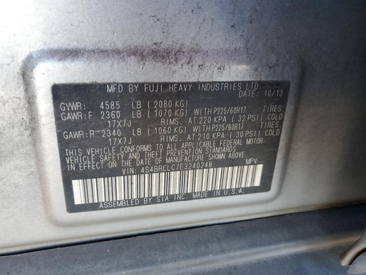 2014 Subaru Outback 2.5I Limited VIN: 4S4BRCLC7E3240248 Lot: 86692875