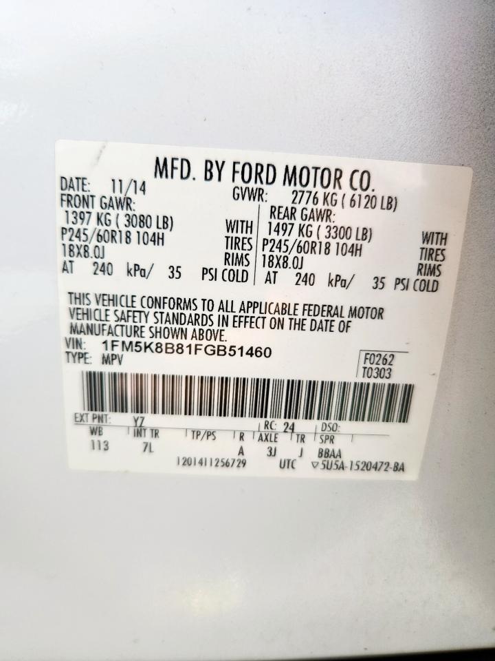 2015 Ford Explorer VIN: 1FM5K8B81FGB51460 Lot: 85749695