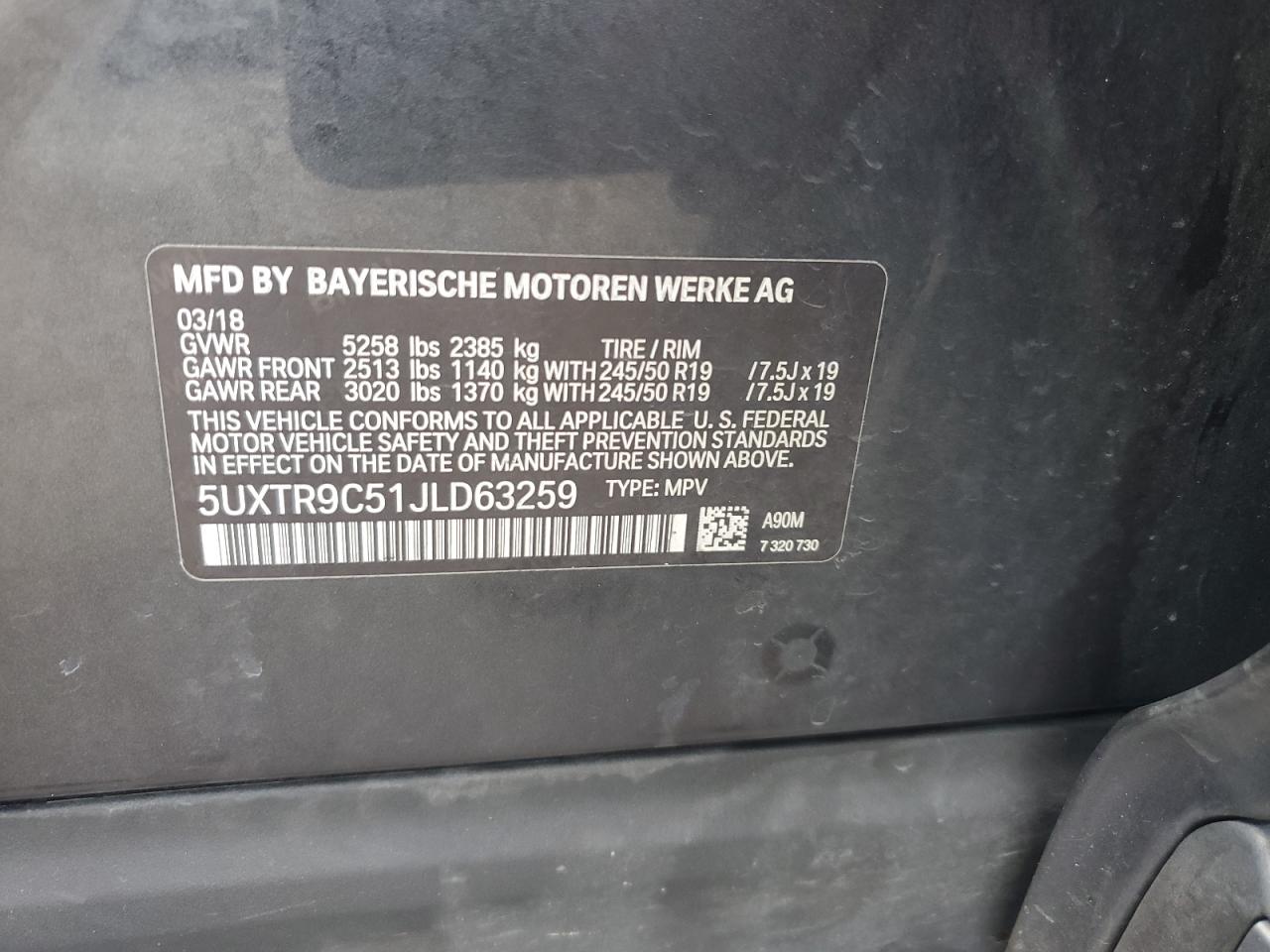 2018 BMW X3 xDrive30I VIN: 5UXTR9C51JLD63259 Lot: 86138015
