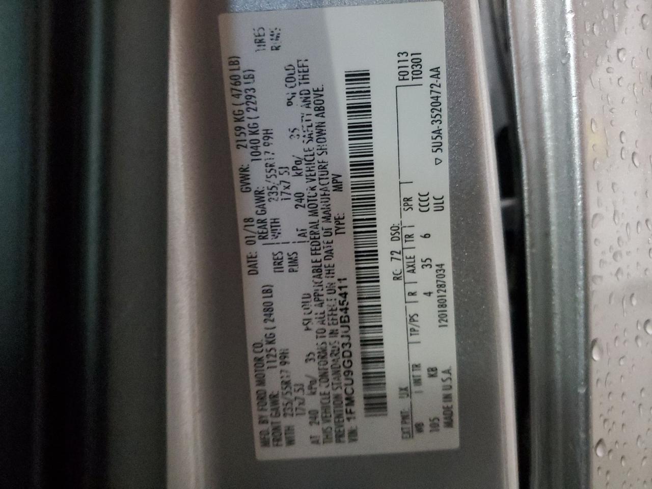 2018 Ford Escape Se VIN: 1FMCU9GD3JUB45411 Lot: 85480445