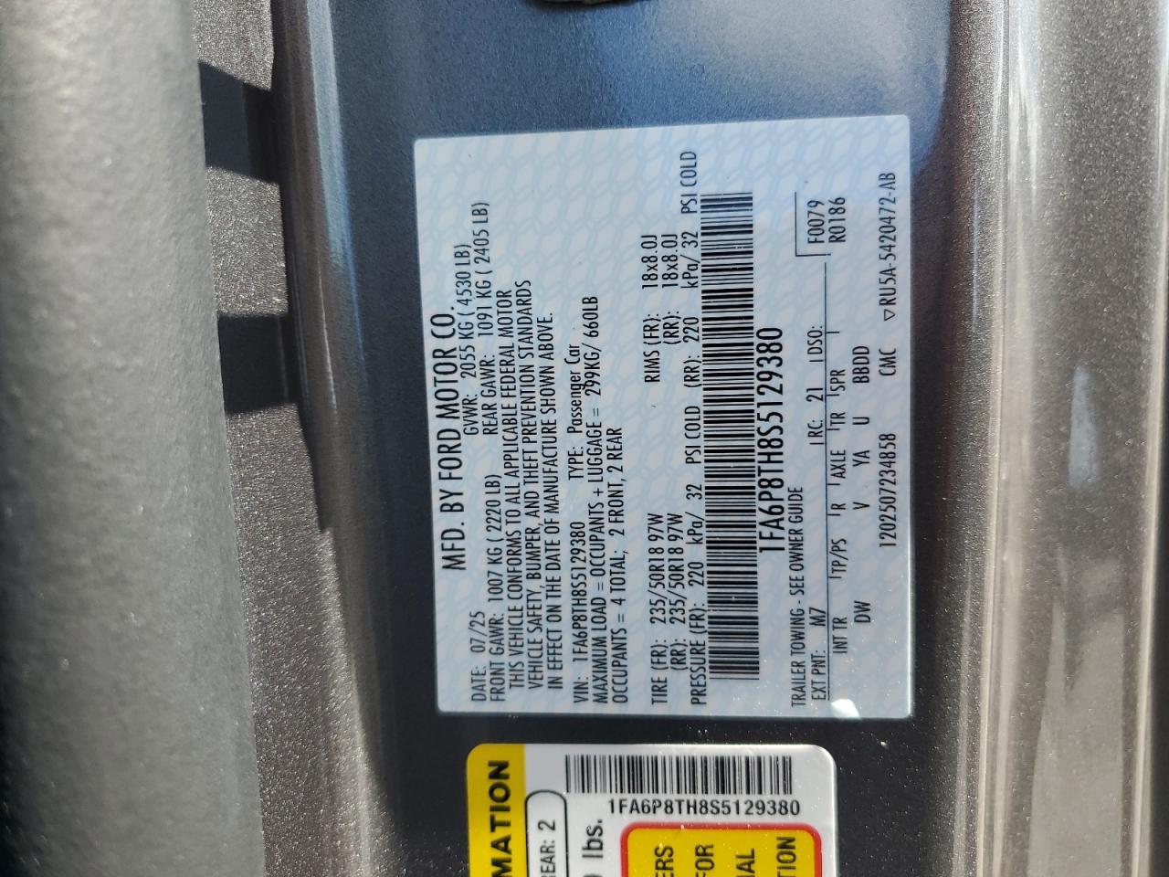 2025 Ford Mustang VIN: 1FA6P8TH8S5129380 Lot: 85682475