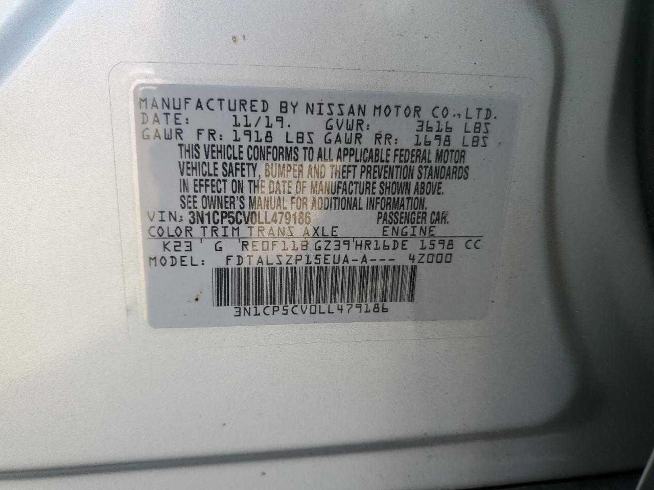 2020 Nissan Kicks Sv VIN: 3N1CP5CV0LL479186 Lot: 81993235