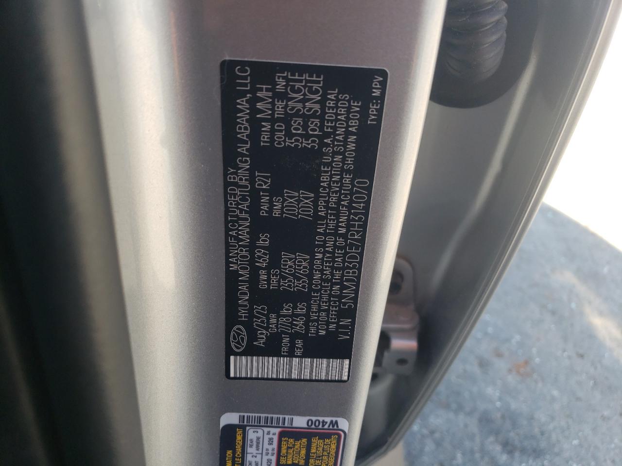 2024 Hyundai Tucson Sel VIN: 5NMJB3DE7RH314070 Lot: 85768555