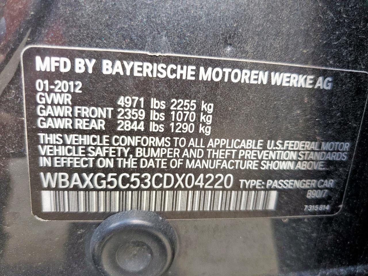 2012 BMW 528 I VIN: WBAXG5C53CDX04220 Lot: 85360235