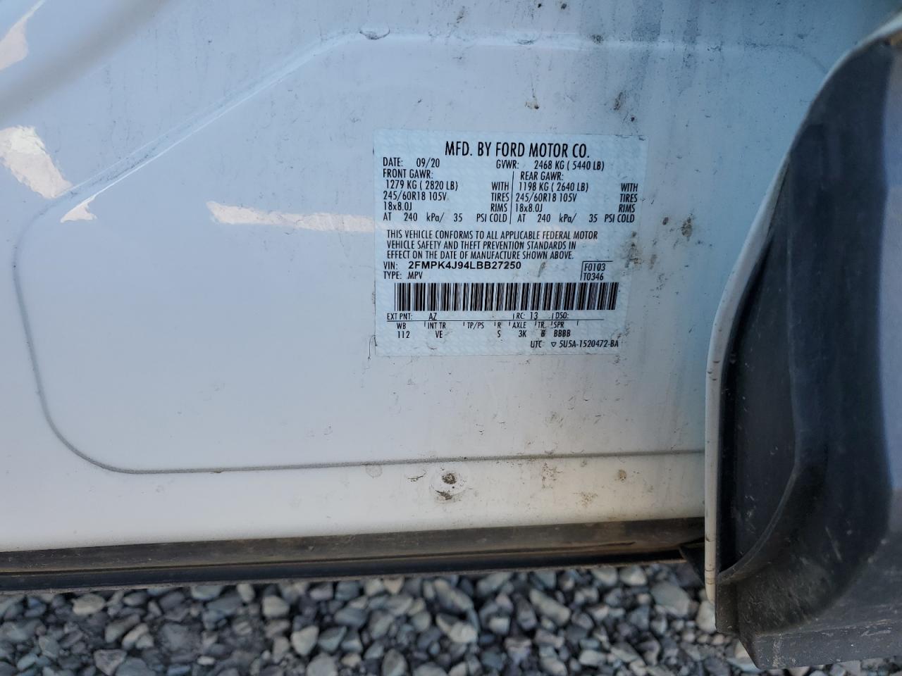 2020 Ford Edge Sel VIN: 2FMPK4J94LBB27250 Lot: 84871095