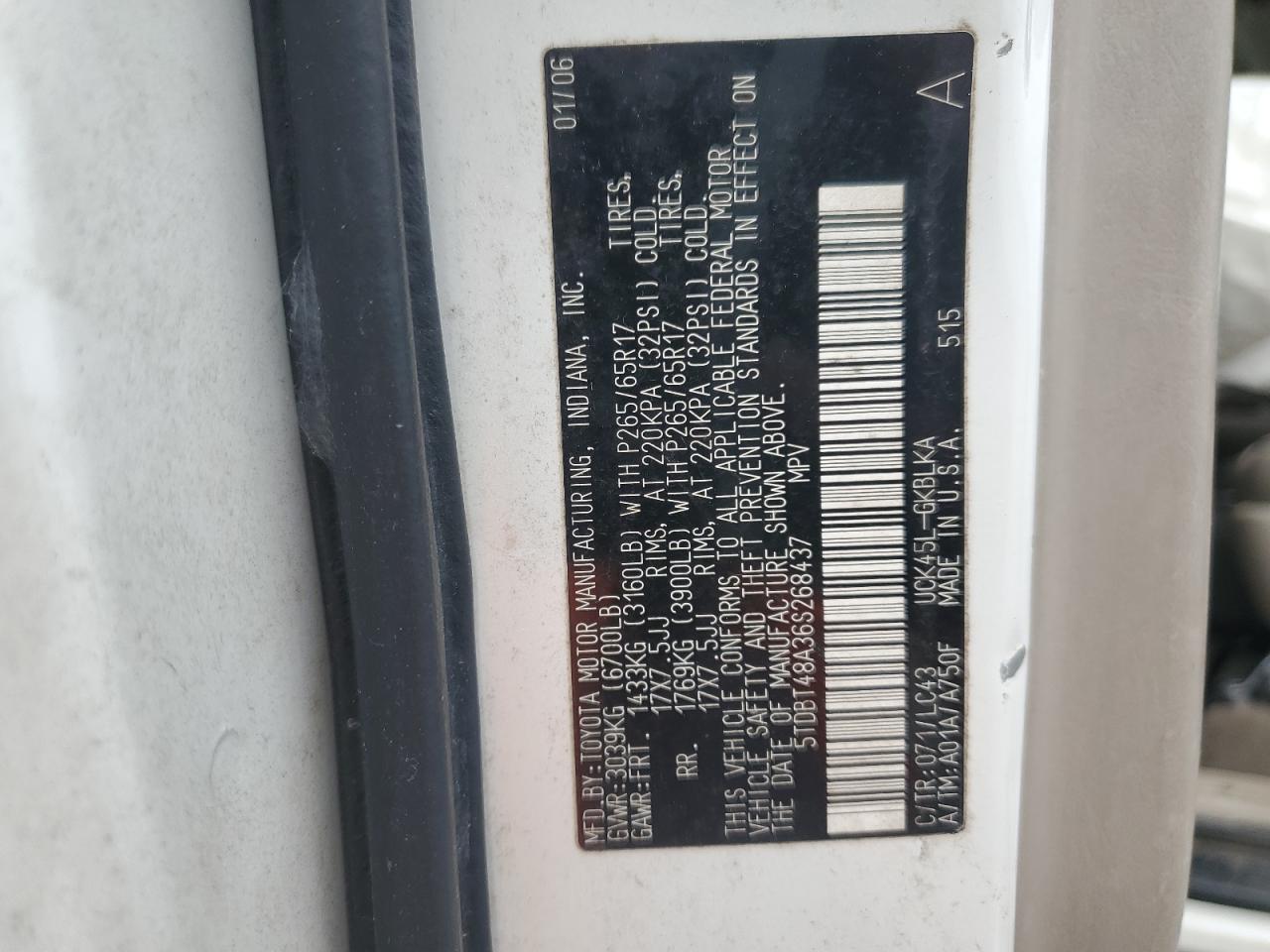 2006 Toyota Sequoia Limited VIN: 5TDBT48A36S268437 Lot: 82732625