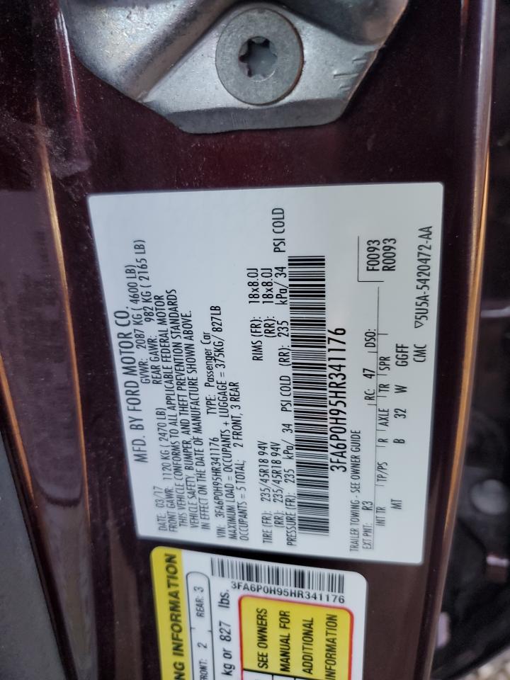 2017 Ford Fusion Se VIN: 3FA6P0H95HR341176 Lot: 89704725