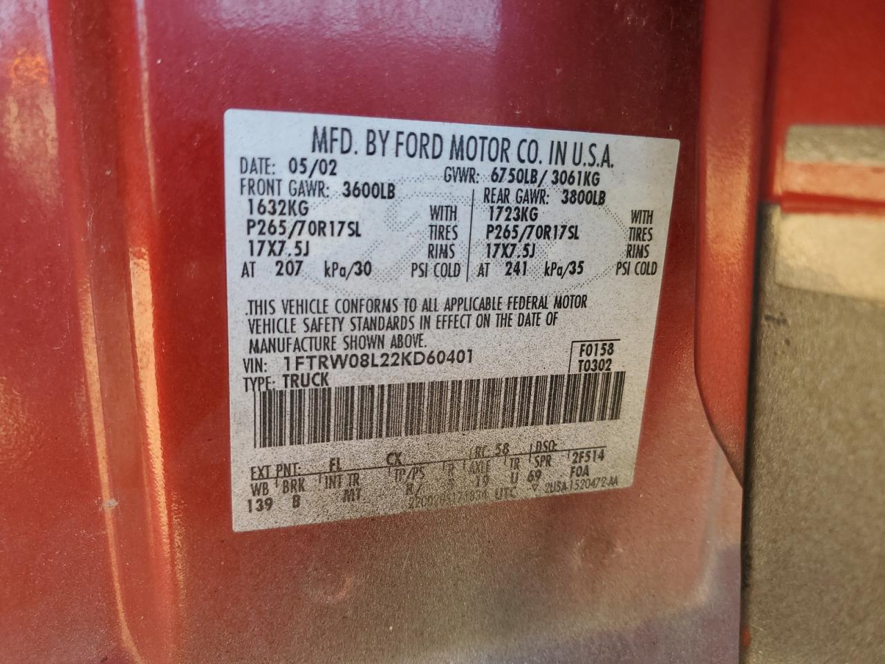 2002 Ford F150 Supercrew VIN: 1FTRW08L22KD60401 Lot: 85902355