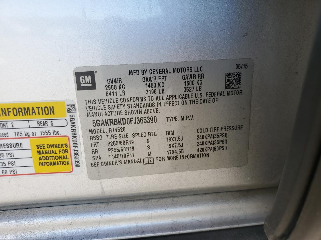 2015 Buick Enclave VIN: 5GAKRBKD0FJ365390 Lot: 86643205