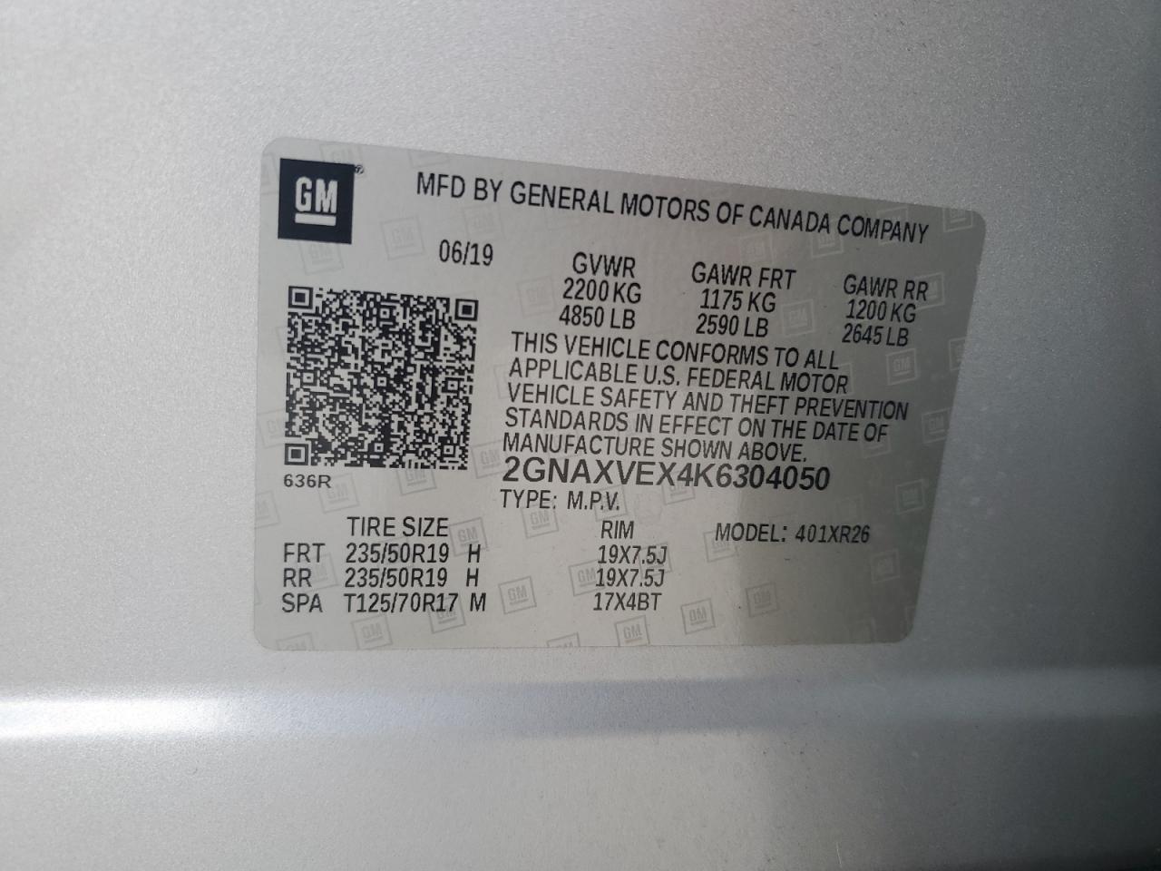 2019 Chevrolet Equinox Lt VIN: 2GNAXVEX4K6304050 Lot: 86446835