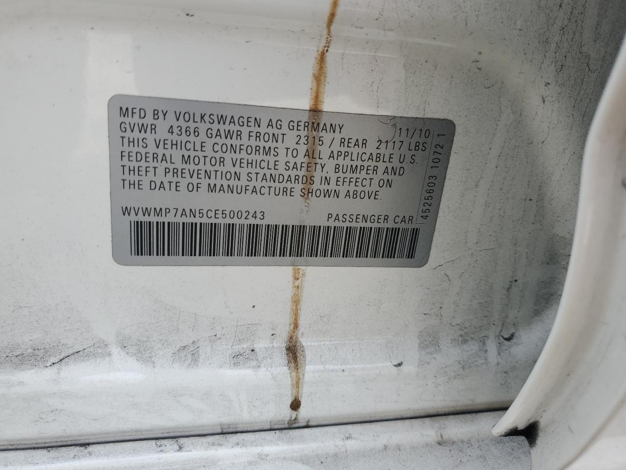 2012 Volkswagen Cc Sport VIN: WVWMP7AN5CE500243 Lot: 82755225